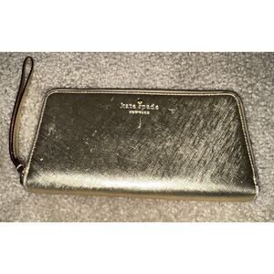 KATE SPADE Gold Leather Zip Around Wallet Clutch Wristlet Purse